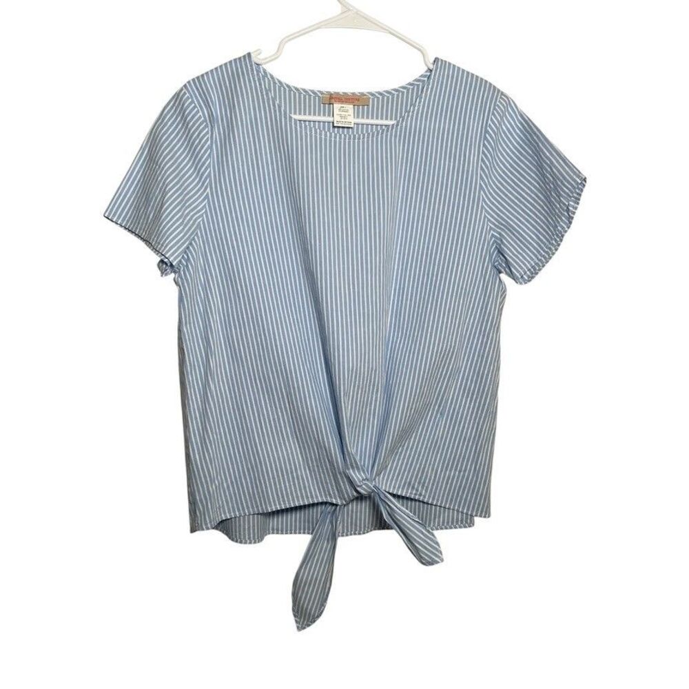Casual Couture Blouse Women's Large Striped Short Sleeve Tie Preppy Top